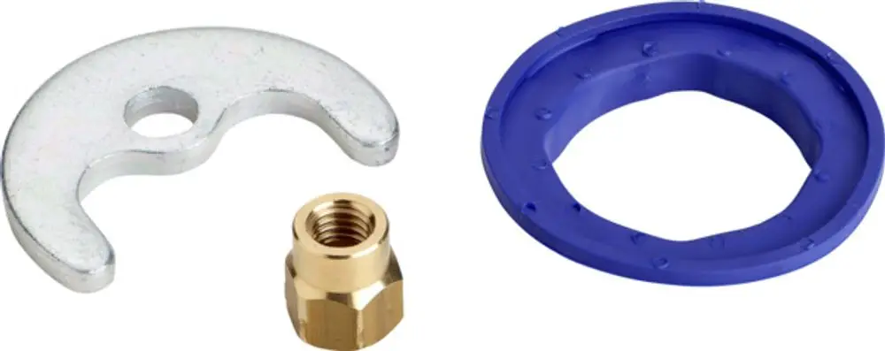 Befestigungsset von Ideal Standard, bestehend aus einer gekrümmten metallischen Halteplatte, einer goldenen Mutter und einem blauen Dichtungsring.